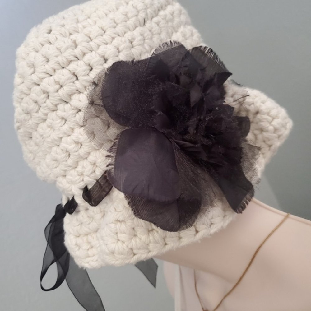 White Knit Hat with Ribbon Loops
